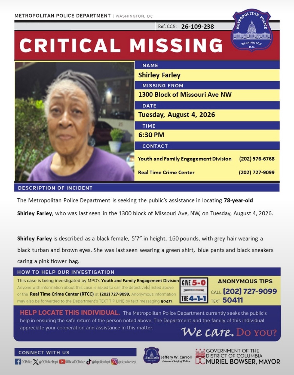 Missing-person flyer for Shirley Farley