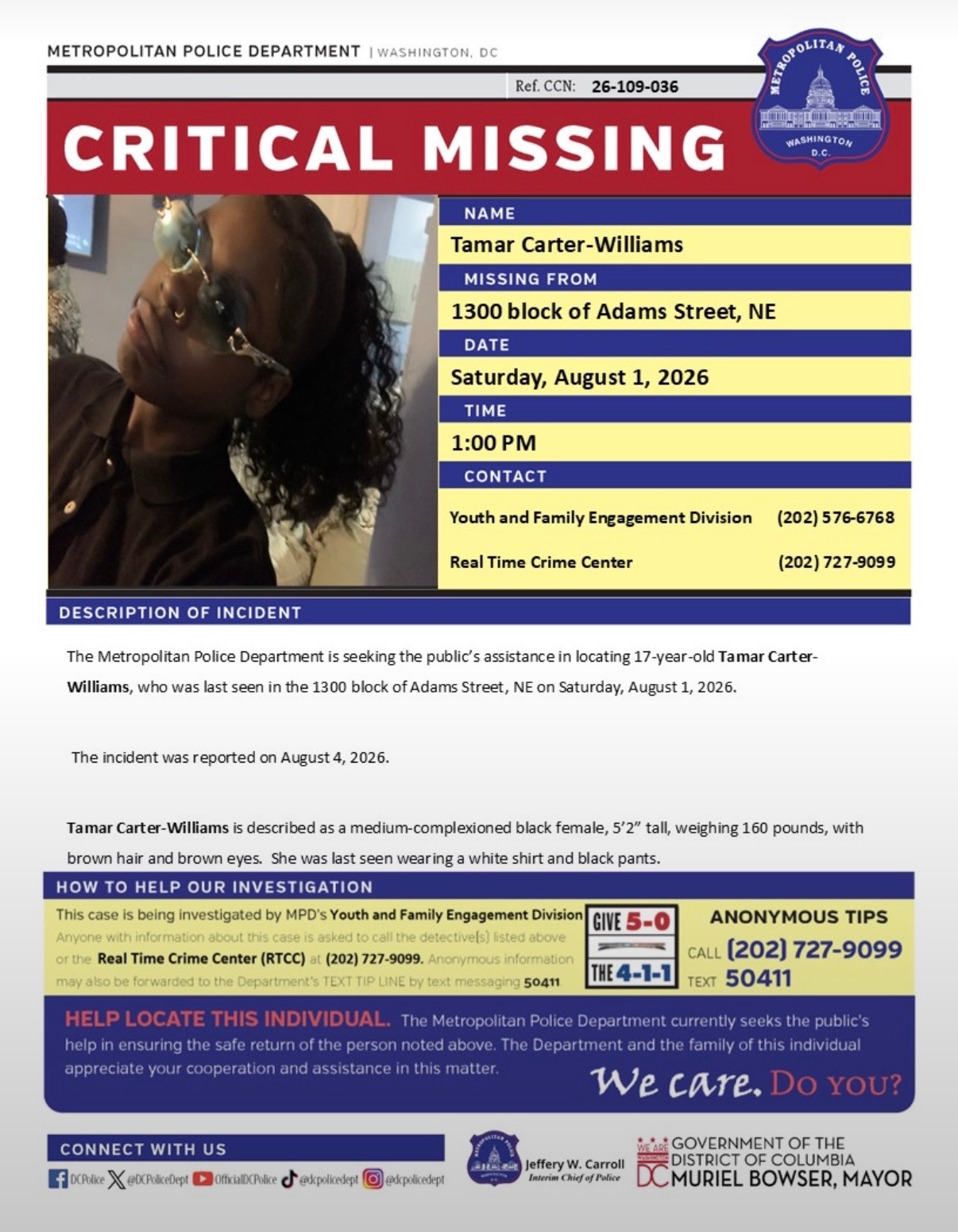 Missing-person flyer for Tamar Carter Williams