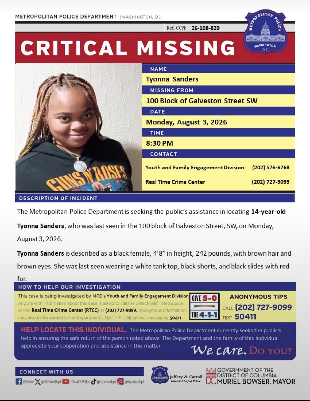 Missing-person flyer for Tyonna Sanders